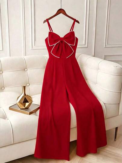 SHEIN Textured Fabric Spaghetti Strap Jumpsuit, French Bow Design, Niche Elegant Fashion Elegant Draping Snug Fit Straight Leg Jumpsuit For Spring/Summer