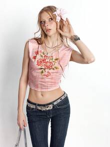 Bloopia 女士玫瑰印花镂空休闲衬衫 - 粉色 - 查看 6