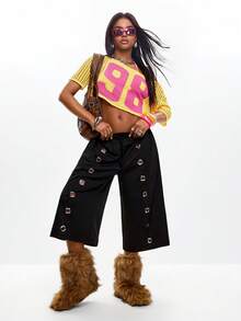 Coolane Women's Spring/Summer Streetwear Y2K Daily Wear Knit Grommet Eyelet Black Straight Leg Midi Wide Leg Sweatpants - Black - View 5