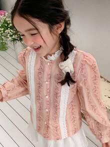 DAZY Young Girl Floral Print Stand Collar Single-Breasted Casual Versatile Daily Wear Long Sleeve Shirt - Multicolor - View 4