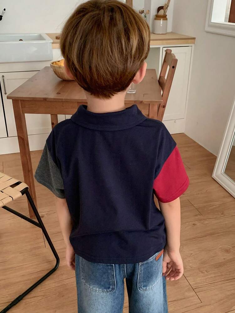 Young Boy Color Block Polo Collar Casual Versatile Short Sleeve T-Shirt