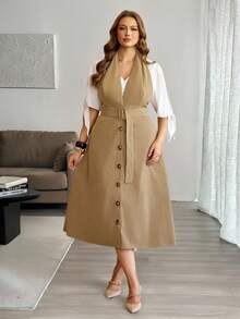 Elenzga Đầm dài không tay dáng suông cho nữ cỡ lớn, đầm midi không tay, mở phía trước, thắt eo, có túi, kiểu dáng tối giản, thích hợp mặc đi làm, đi nghỉ mát hoặc mặc hàng ngày. - Màu Khaki - Xem 7