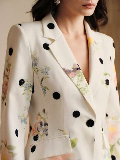Anewsta Women's Fashionable High-End Polka Dot & Floral Cinched Waist Blazer, Suitable For Going Out, Party, Formal Occasions