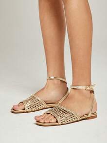 SHUZIA 女士时尚休闲舒适编织PU踝带平底凉鞋 - 金色 - 查看 2