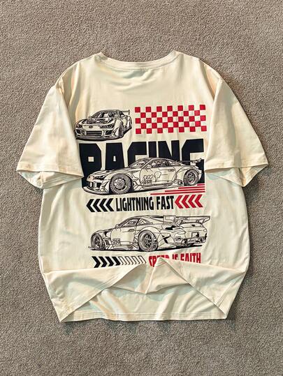 Manfinity EZcore 男式大码夏季休闲 T 恤，带口号和赛车图案印花，短袖，外出街头装