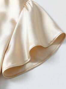 Franclia 女士优雅休闲杏色缎面V领开襟珍珠纽扣荷叶边短袖宽松衬衫，夏季上衣，适合日常穿着/新年/商务场合/通勤/休闲度假 - 杏色 - 查看 7