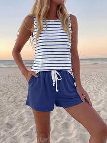 Sylviya 2 件套女士休闲条纹背心和短裤，适合夏季 - 彩色 - 查看 4