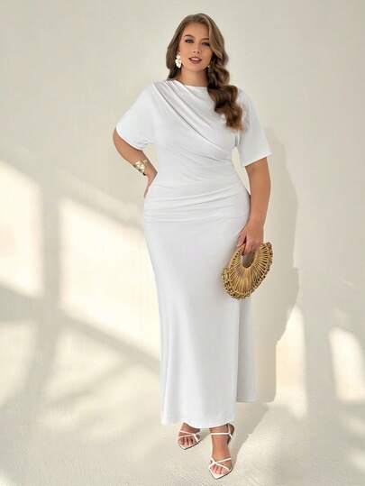 Auralis Plus Size White Ruched Waist Decor A-Line Dress, Elegant Office Commute Party Wedding Guest Dress, Suitable For Spring, Summer, Autumn/Summer Pleated Waist-Cinching Slimming Plus Size A-Line Skirt / White / Wedding Season / Bridesmaid Dress / Exquisite And Elegant / See-Through Dress For Valentine's Day Spring Casual Elegant Vacation Outfit Women Spring Dress For Women, Summer Dresses