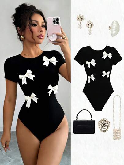 Elenzga Women's Bow Decor Round Neck Short Sleeve Bodysuit