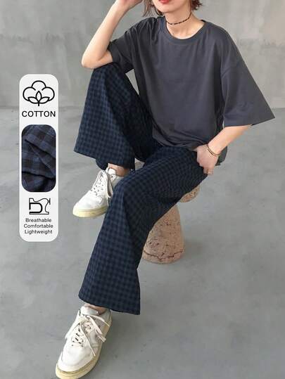 FRIFUL 女士休闲纯色短袖T恤和格子裤两件套，夏季