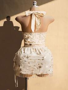 SHEIN ICON 大码女装春夏复古性感优雅派对舞会沙滩度假波西米亚风音乐节亮片刺绣露背金属装饰系带杏色上衣 - 杏色 - 查看 2