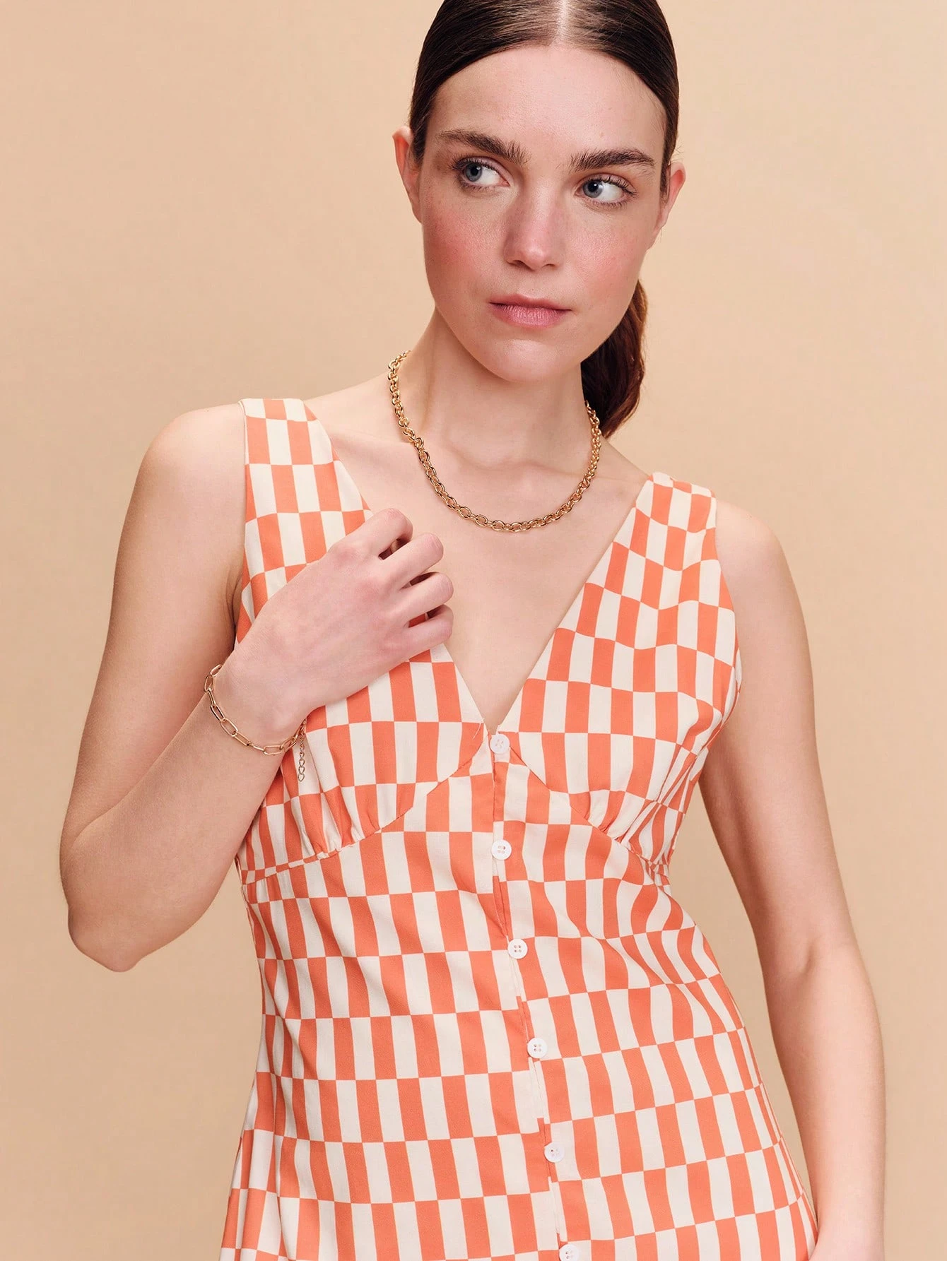 Vintage V-Neckline Mini Dress With An Orange Geometric Pattern And Front Button Closure Spring Summer Vacation Dress French Style Parisian Style Going Out Vintage Dress Dress For Women Xs Dress For Women Yacht Dress