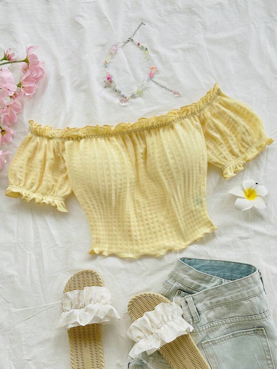 Soleia Phong cách Bohemian, họa tiết hoa lãng mạn, phong cách nghỉ dưỡng, áo họa tiết hoa ngày 4 tháng 7, áo đi nghỉ mát, áo đính hạt, áo dự tiệc, áo crop top gợi cảm cho nữ ngày 4 tháng 7, áo thun crop top co giãn trễ vai mới. - Màu vàng - Xem 1