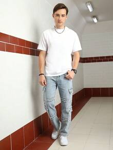 Logeqi® Jeans Vaquero Lavado Versátil Baggy Sueltos Multi-Bolsos Streetwear Casual De Hombre de Color Azul Claro - Azul - Ver 4