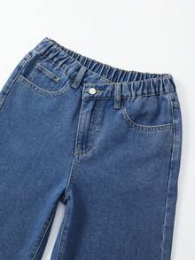 SHEIN Explorewe Tween Girls Fashion Cross Shaped Rhinestone Decor Wide Leg Jeans, High Waist Front Button Multiple Pockets Minimalist Mid-Rise Wide Leg Jeans, Casual Daily Wear - Dark Wash - View 4