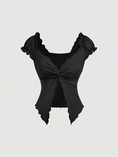 SHEIN MOD Áo thun tay chéo xẻ tà thắt nút chữ S – Phong cách cổ điển, dễ thương kiểu Y2K, thích hợp cho hẹn hò, dự tiệc, trang phục mùa hè và mùa xuân cho nữ, kỳ nghỉ xuân, du lịch, dã ngoại, lễ hội, sinh nhật.