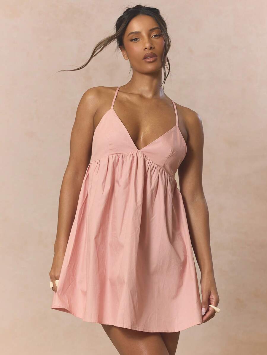 MUSERA Strappy Triangle Bust Plunge Baby Doll Mini Dress Cute Spring Holiday Girly Sugar Salt - Coral Pink - View 1