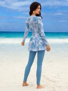 Swim Shayni 女士浅色碎花印花前拉链连体泳衣，成熟女士长袖长裤两件套比基尼套装，适合海滩、派对、度假等场合。 - 彩色 - 查看 2