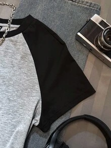 Attitoon Camiseta ajustada de mujer de manga corta con cuello redondo y manga raglán de color contrastante en estilo retro casual, adecuada para el verano - Gris Claro - Ver 5