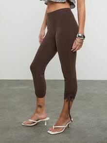 COUREZ 低腰系带针织七分裤 / Y2K 春季女装 棕色七分裤 可爱外出装 夏季度假装 夏季假日装 性感装 - 棕色 - 查看 5