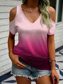 EMERY ROSE Ombre V-Neck Off-Shoulder Short Sleeve Casual T-Shirt, Summer - Multicolor - View 1