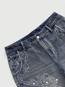 ROMWE MEN Street Life Men's Rhinestone Embellished Denim Shorts, Suitable For Spring/Summer Everyday Wear - Blue - View 3