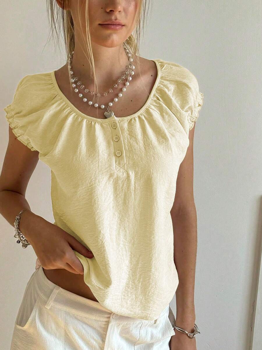 SHEIN Bubbli Women's Ruffle Collar Half-Open Neck T-Shirt - Pale Yellow - View 1