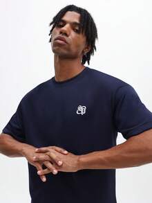 SUMWON Navy Blue Short Sleeve Crew Neck T-Shirt And Matching Shorts Two Piece Co-Ord Set With Varsity Number Print - Navy Blue - View 5