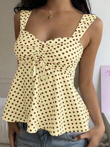 SHEIN CovetEZ 2026 Spring/Summer New Women's Apparel: Buttercup Yellow & Brown Polka Dot Cute Casual Versatile Ruffle Drawstring Blouse/Tank Top,Summer Top - Yellow - View 2