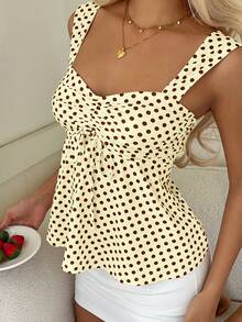 SHEIN CovetEZ 2026 Spring/Summer New Women's Apparel: Buttercup Yellow & Brown Polka Dot Cute Casual Versatile Ruffle Drawstring Blouse/Tank Top,Summer Top - Yellow - View 3