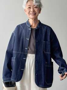 FRIFUL Women's Stand Collar Pocket Contrast Stitching Design Loose Casual Denim Jacket And Coat - Blue - View 8