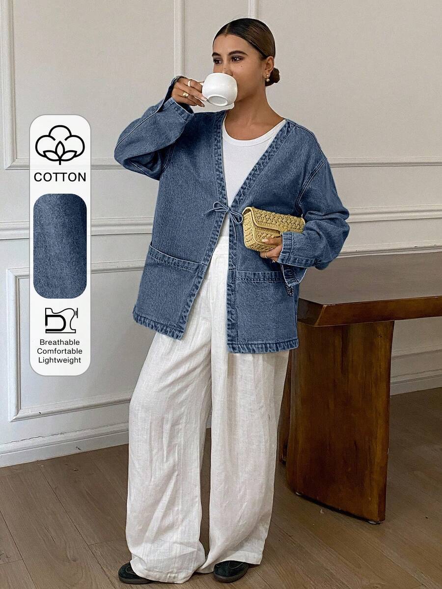 Livesso Women's Lace-Up Loose Denim Jacket, Autumn - Dark Wash - View 1