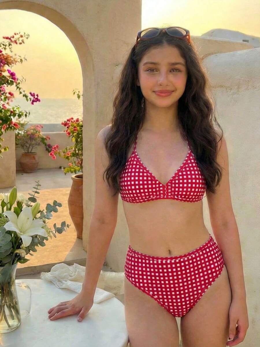 SHEIN Bộ bikini cho bé gái tuổi teen, đồ bơi kẻ caro đỏ trắng, đồ bơi thường ngày dễ thương, nhiều màu sắc, thời trang cho mùa hè. - Đỏ - Xem 1