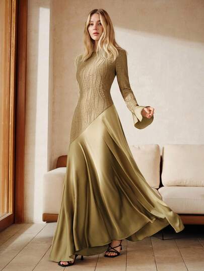 Anewsta Elegant Vintage Round Neck Flare Sleeve Asymmetric Hem Dress For Women, Spring/Summer New Arrival