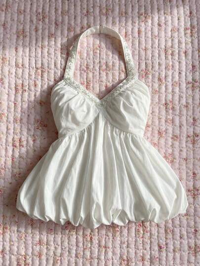 Elamini Áo hai dây không tay gợi cảm với dây mảnh, đính hạt và họa tiết hoa, kiểu peplum, thích hợp cho mùa hè.