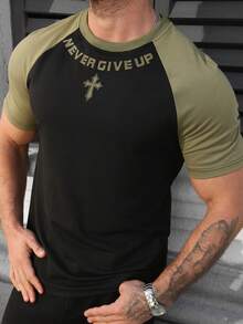 Manfinity Homme Men's Black And Gold Summer Streetwear Gym T-Shirt,Comfortable Raglan Sleeve Colorblock Graphic Tee,Yamamoto Round Neck Embossed Print Casual Shirt - Multicolor - View 6
