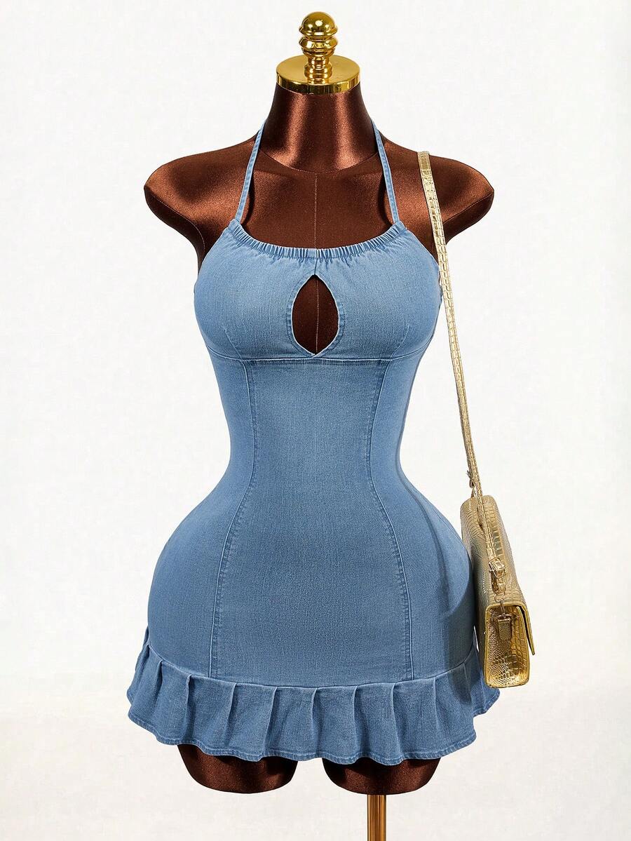 Mistrie 女士牛仔超长高开衩连衣裙 - 藍色 - 查看 1