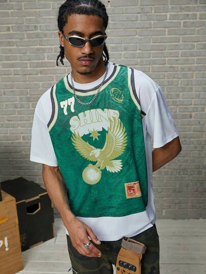 GALLERY FADE 男士白色二合一绿色运动风图案“77”印花短袖圆领T恤