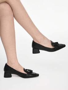 Mnmlis 女士时尚流苏花朵尖头小方头粗跟高跟鞋 - 黑色 - 查看 6