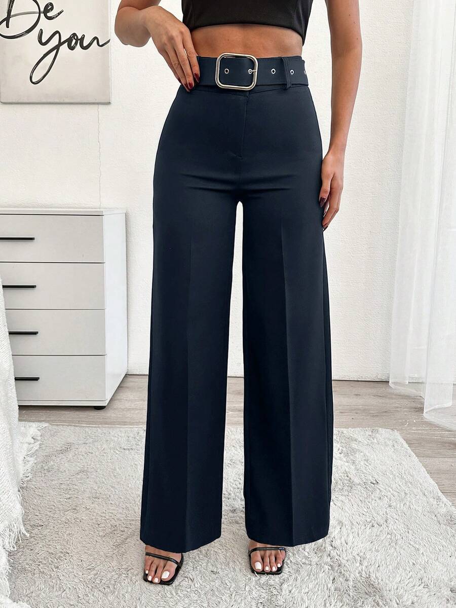 SHEIN Cottnline Women's Solid Color Toothpick Design Wide Leg Loose Elegant Commuter Pants - Navy Blue - View 1