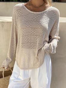 DAZY Women's Oblique Collar Semi-Sheer Loose Knit Sweater - Apricot - View 4