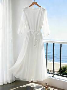 Franclia 女士优雅法式奢华V领连衣裙，新款宽松休闲度假连衣裙，常规肩部雪纺连衣裙 - 白色 - 查看 2