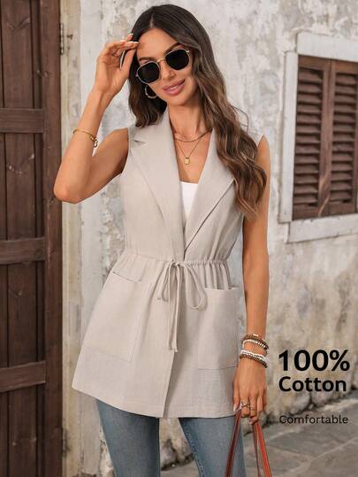 EMERY ROSE Women's Solid Color Sleeveless Lapel Waist Drawstring Casual Suit Jacket With Pockets Work Outfits For Women Office Casual Summer Outfits For Women Plain Office Wear Women Blazers For Women Going Out Outfits Women's Blazer Cotton Office Outfits For Women Going Out Tops Tops For Women Elegant Business Casual Tops Woman Peplum Top Women Cotton Women's Clothing New Arrival Women Clothing Blazer Dress For Women