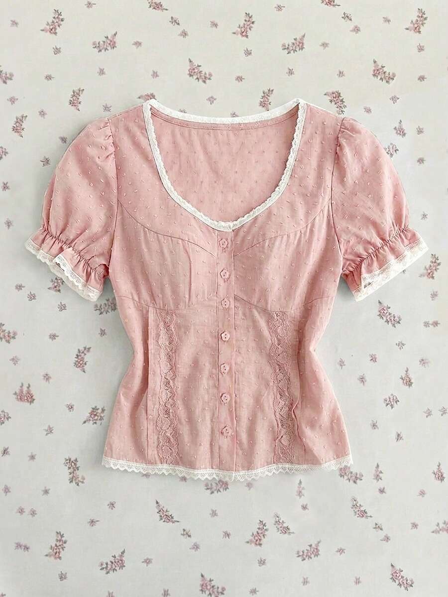 SHEIN Unity 女士优雅镂空刺绣棉质衬衫 - 粉色 - 查看 1