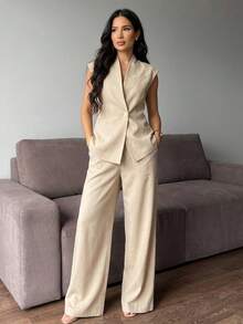 Lumalex 女士优雅杏色立领金属纽扣装饰无袖修身外套 + 女士杏色通勤双口袋修身直筒裤，春夏奢华新年新造型，低调奢华舞会聚会宴会低调奢华闪亮假日派对狂欢节郊游度假热门户外层次丰富的婚礼情人节礼物指南浪漫情人节穿搭季节宴会身份证派对新年派对造型狂欢女士服装外出穿搭女士休闲服装休闲商务办公着装 - 杏色 - 查看 8