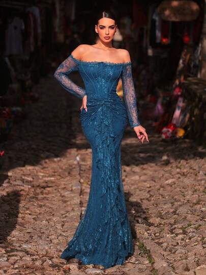 Aureia Elegant Romantic Hazy Blue Off-Shoulder Lace Trim Long Sleeve Sheer Waist Twist Decor Ruffle Hem Mermaid Dress, Suitable For Influencer, Date, Vacation, Singles Party, Wedding Party, Formal Gala (Intricate Design)