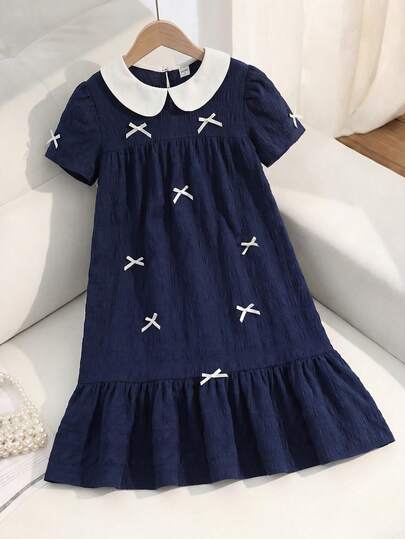 SHEIN Tween Girls Loose Casual Comfortable Round Neck Short Sleeve Ruffle Trim Colorblock Bow Decor Dress