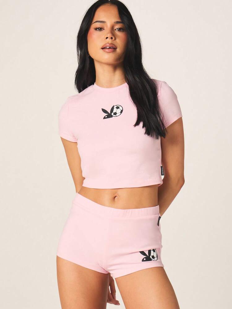 Missguided x Playboy 축구 그래픽 티 크롭 탑 반팔 라운드 넥 라이트 핑크 코튼 슬림핏 여름 캐주얼 스타일