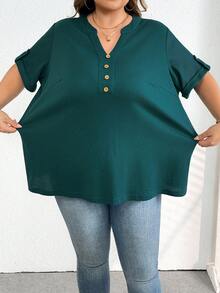 SHEIN CURVE+ Áo thun nữ tay ngắn cổ chữ V trơn màu cỡ lớn/2026/Năm mới - Màu xanh lá cây đậm - Xem 7