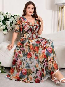 Reflora Plus Size Women's Beige Summer Floral Print Maxi Dress,Boho Tie Front Ruffle Sleeve V-Neck Elegant Dress For Vacation,Holiday Wedding Tea Party Guest - Multicolor - View 8
